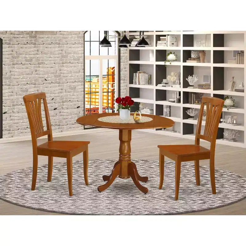 Eettafelset met 2 stoelen, ronde keukentafel met neerklapbaar blad, massief rubberhout, zadelbruine afwerking, 42x42 inch