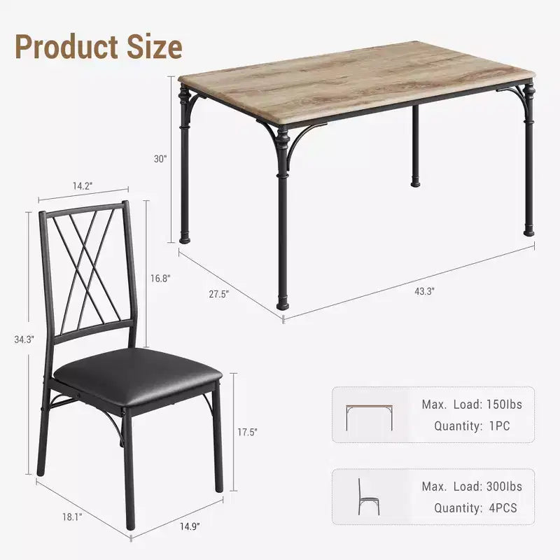 Dining Table Set for 4, Metal and Wood Indoor Modern Rectangular Dining Table Furniture Set, for Kitchen, Dining Room, Dinette, Breakfast Nook
