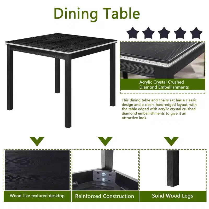 CLIHOME vijfdelige houten eettafelset, keukentafelset met kristaldecoratie, vierkante tafel en 4 gestoffeerde stoelen