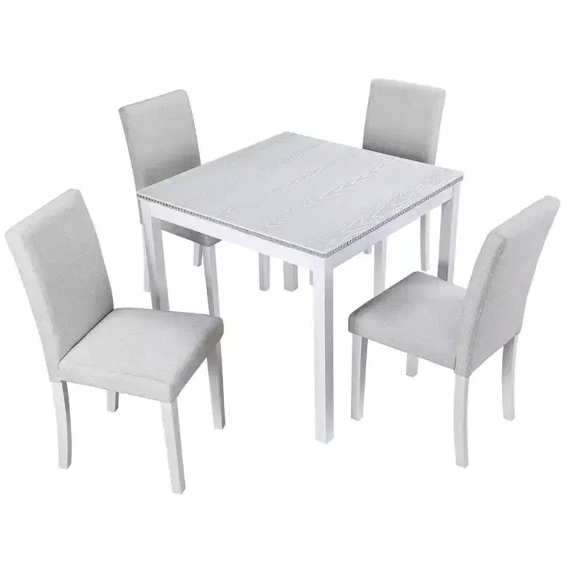 CLIHOME vijfdelige houten eettafelset, keukentafelset met kristaldecoratie, vierkante tafel en 4 gestoffeerde stoelen