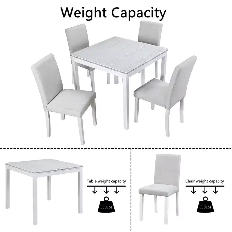 CLIHOME vijfdelige houten eettafelset, keukentafelset met kristaldecoratie, vierkante tafel en 4 gestoffeerde stoelen