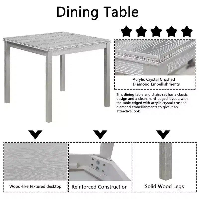 CLIHOME vijfdelige houten eettafelset, keukentafelset met kristaldecoratie, vierkante tafel en 4 gestoffeerde stoelen