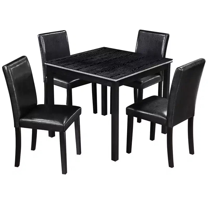 CLIHOME vijfdelige houten eettafelset, keukentafelset met kristaldecoratie, vierkante tafel en 4 gestoffeerde stoelen
