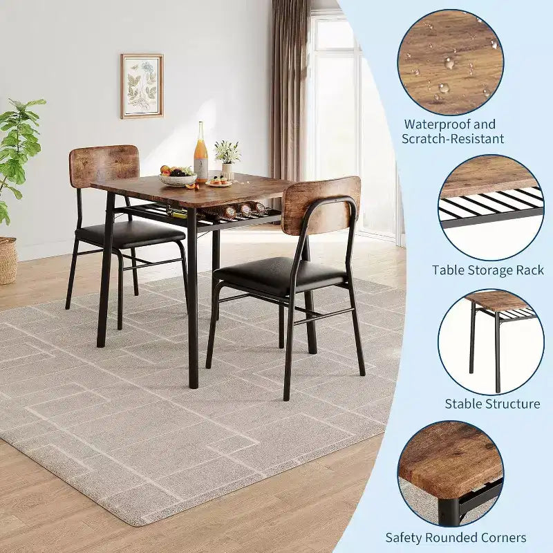 Ensemble de table à manger 3 pièces pour 2 personnes, en bois, pour cuisine, avec petite table de cuisine, chaises rembourrées et structure en métal, pour petits espaces et appartements