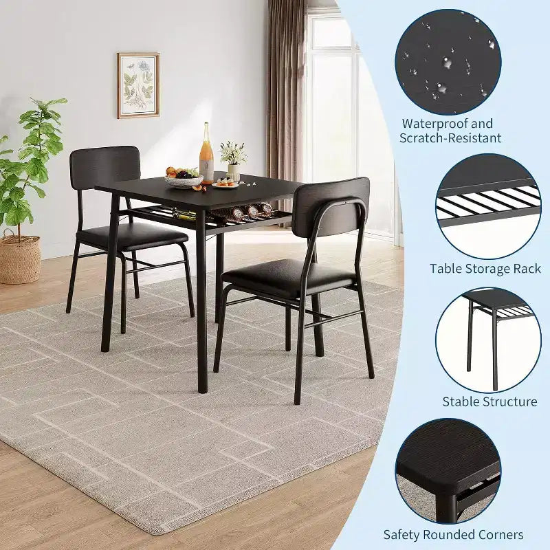 Ensemble de table à manger 3 pièces pour 2 personnes, en bois, pour cuisine, avec petite table de cuisine, chaises rembourrées et structure en métal, pour petits espaces et appartements
