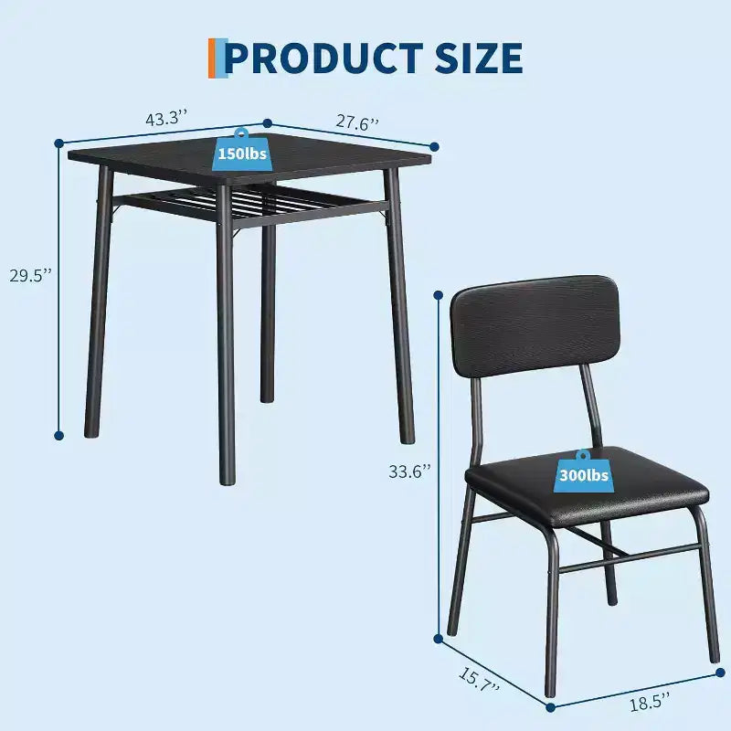 Ensemble de table à manger 3 pièces pour 2 personnes, en bois, pour cuisine, avec petite table de cuisine, chaises rembourrées et structure en métal, pour petits espaces et appartements