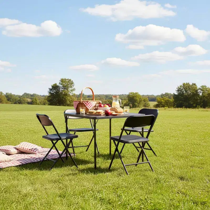 FurnitureR Folding Table and 4 Chairs Set, PP Tabletop with Metal Frame, Portable Foldable Dining Table Chair Set for Indoor Outdoor Party Camping