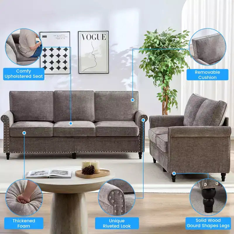 Mjkone 2 Piece Living Room Sofa Set with Riveted Design,Chenille W76''3-Seater Sofa Couch with W53''Loveseat Sofa