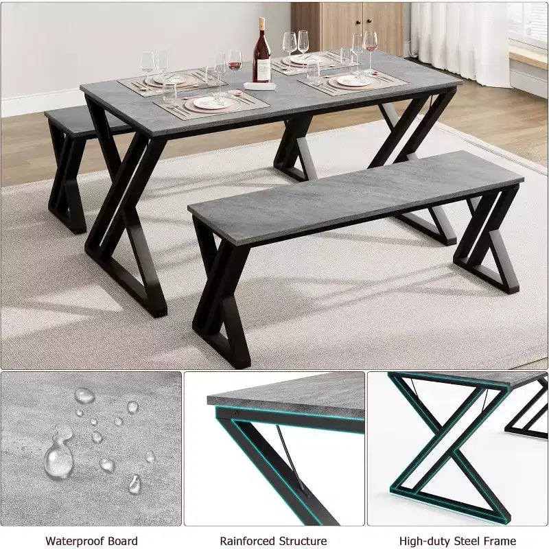 Eettafelset voor 4 personen met 2 banken, rechthoekige keukentafel, stevig metalen frame, ruimtebesparend voor eetkamer, keuken of appartement