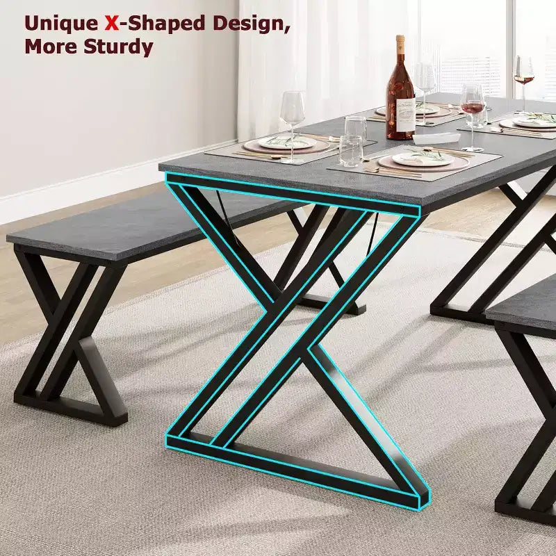 Eettafelset voor 4 personen met 2 banken, rechthoekige keukentafel, stevig metalen frame, ruimtebesparend voor eetkamer, keuken of appartement