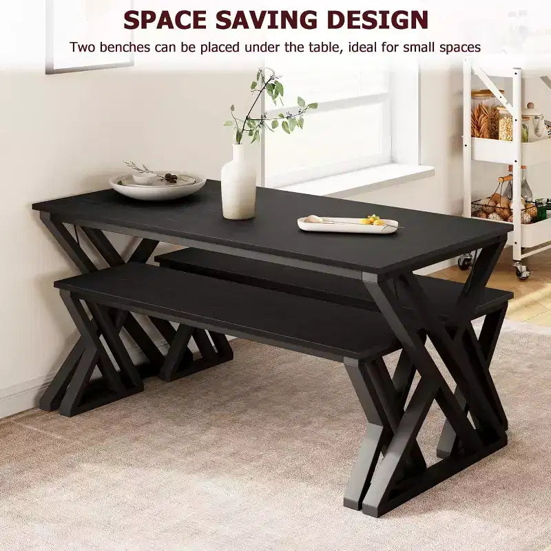Eettafelset voor 4 personen met 2 banken, rechthoekige keukentafel, stevig metalen frame, ruimtebesparend voor eetkamer, keuken of appartement