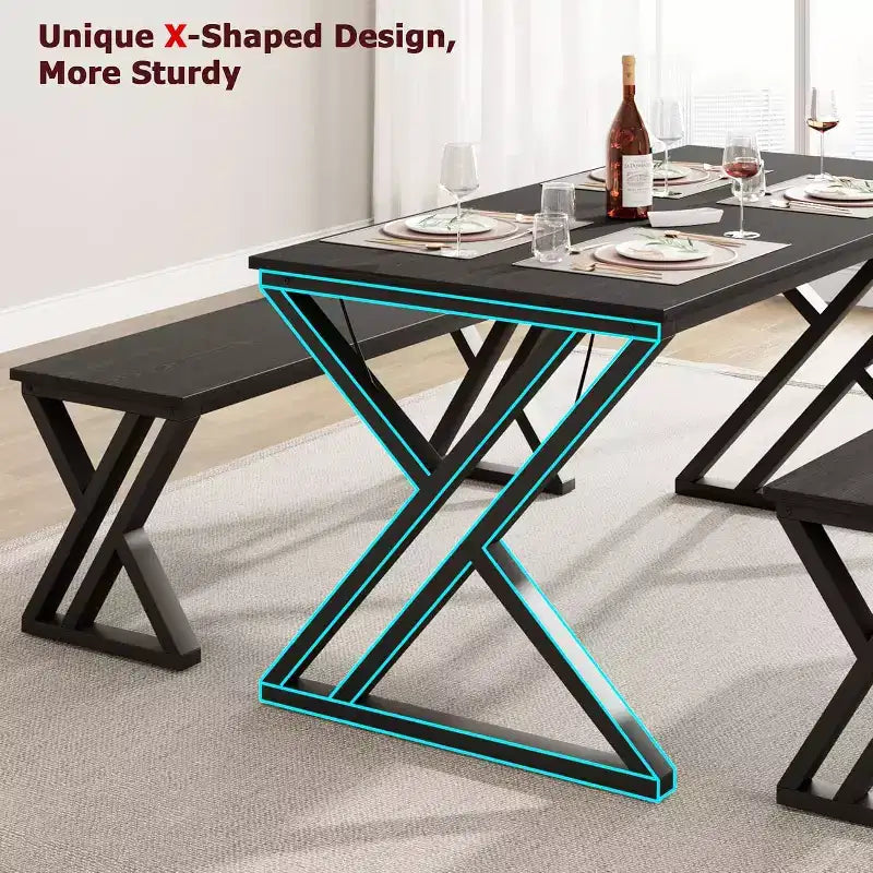 Eettafelset voor 4 personen met 2 banken, rechthoekige keukentafel, stevig metalen frame, ruimtebesparend voor eetkamer, keuken of appartement