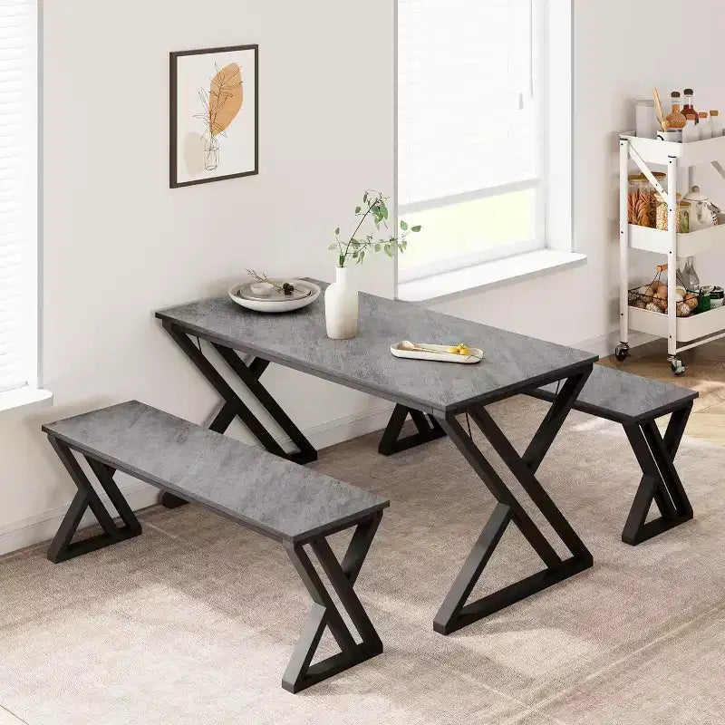 Eettafelset voor 4 personen met 2 banken, rechthoekige keukentafel, stevig metalen frame, ruimtebesparend voor eetkamer, keuken of appartement