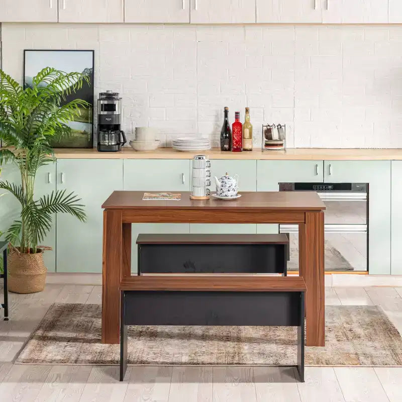 FurnitureR 47.2 Dining Table Set with 2 Benches, Modern MDF Wood Table and Seating Set, Space-Saving Dining Furniture for Kitchen & Dining Room