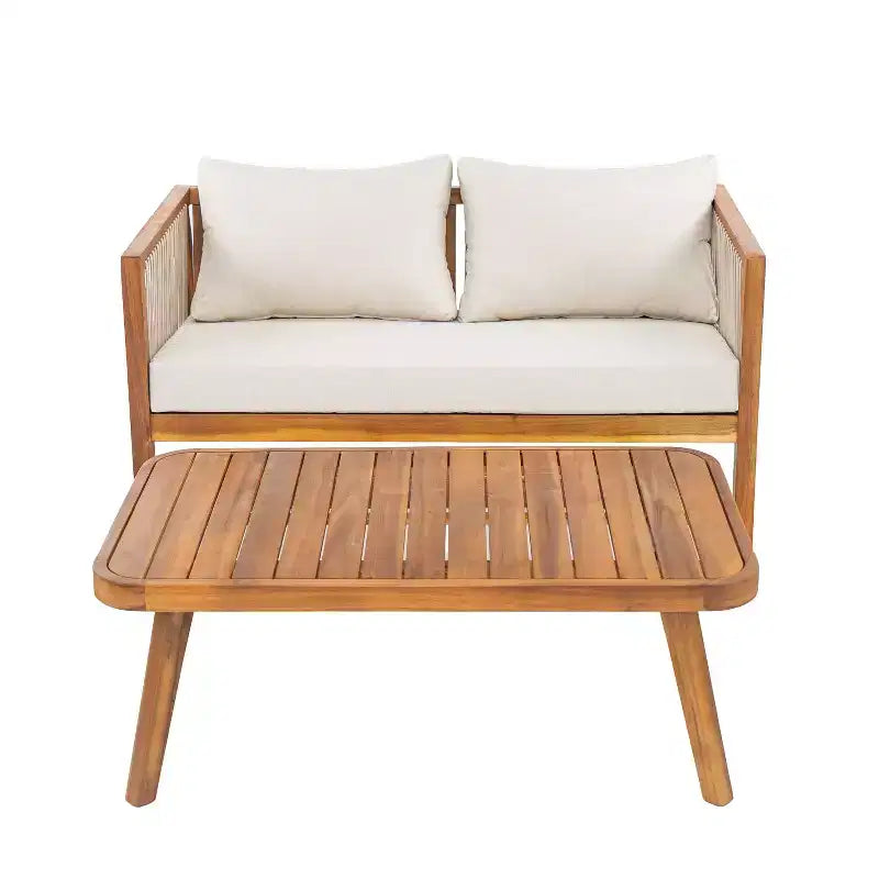 Christopher Knight Home Saelin 2 Piece Modern Outdoor Acacia Wood Conversation Set with Coffee Table and Rope Arm Sofa