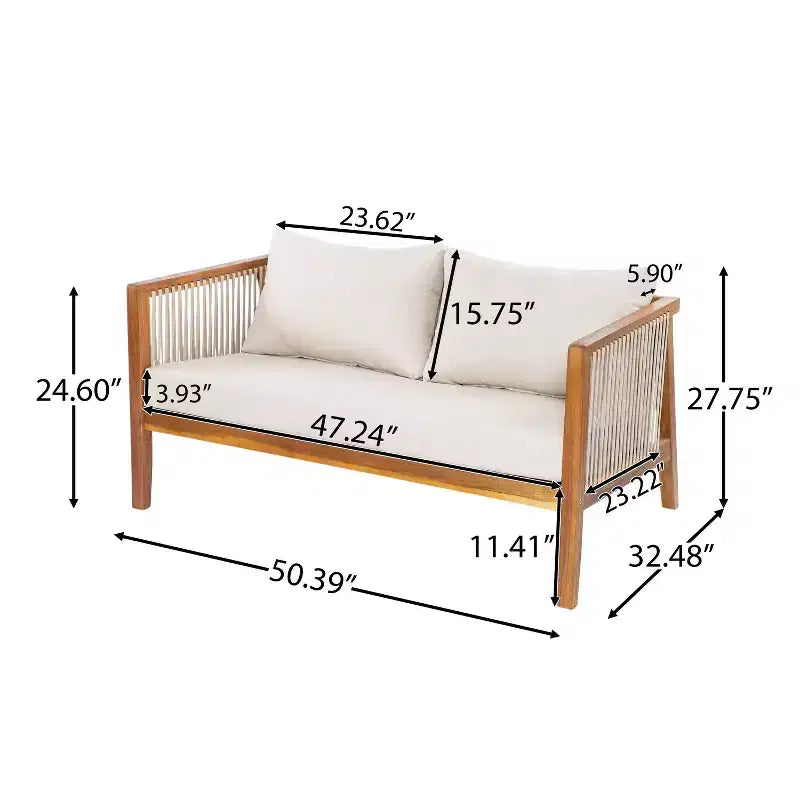 Christopher Knight Home Saelin 2 Piece Modern Outdoor Acacia Wood Conversation Set with Coffee Table and Rope Arm Sofa