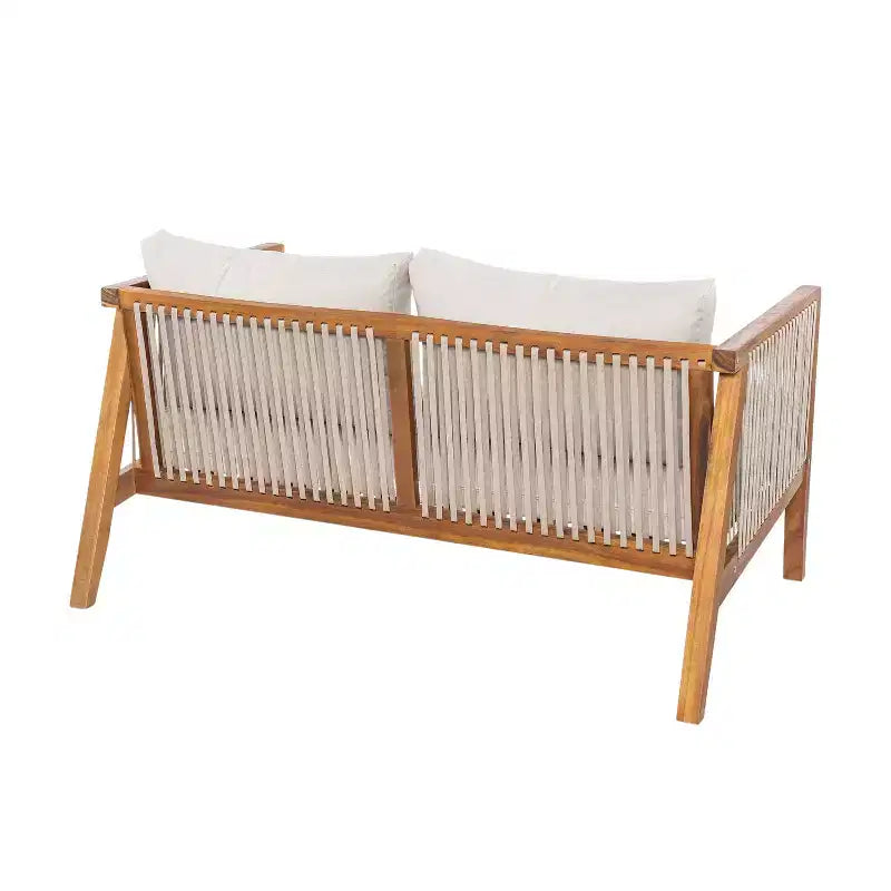 Christopher Knight Home Saelin 2 Piece Modern Outdoor Acacia Wood Conversation Set with Coffee Table and Rope Arm Sofa