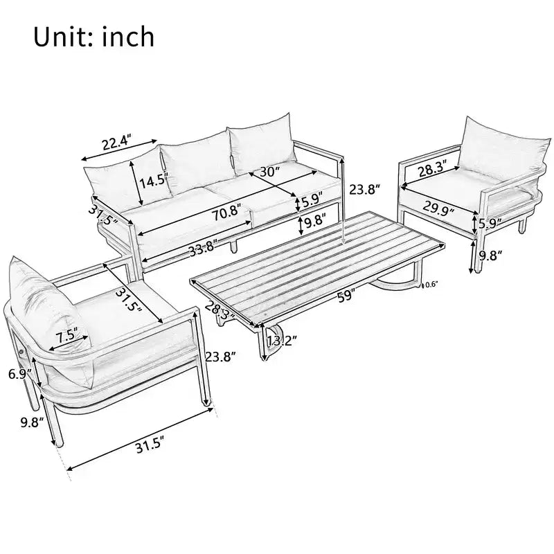 Whisen loungeset voor buiten met salontafel, eenvoudig te reinigen, snel te monteren en roestbestendig staal – beige