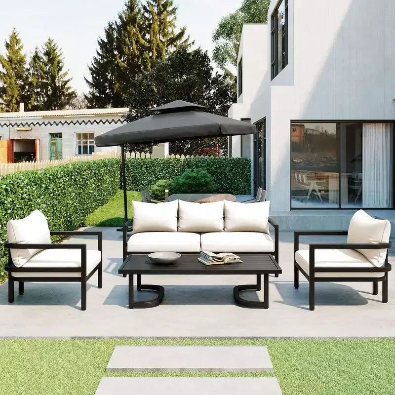 Whisen loungeset voor buiten met salontafel, eenvoudig te reinigen, snel te monteren en roestbestendig staal – beige