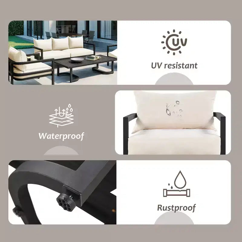 Whisen loungeset voor buiten met salontafel, eenvoudig te reinigen, snel te monteren en roestbestendig staal – beige