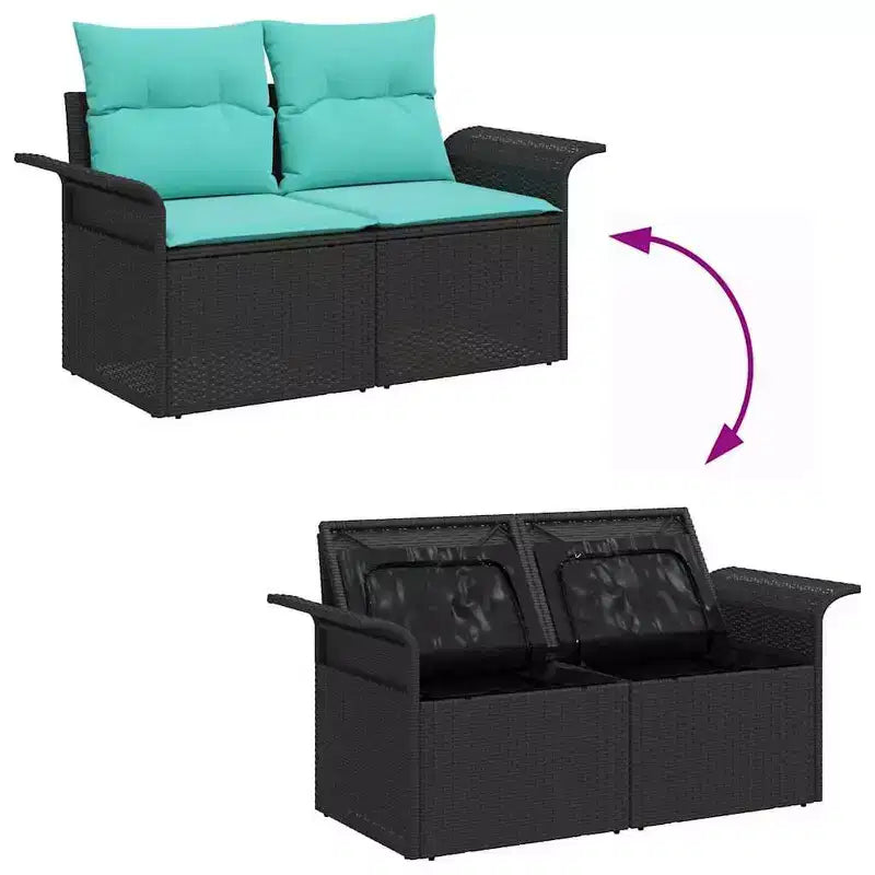 vidaXL tuinbankset met kussens, 6-delig, zwart polyrotan – zwart en turquoise, zonder tafel