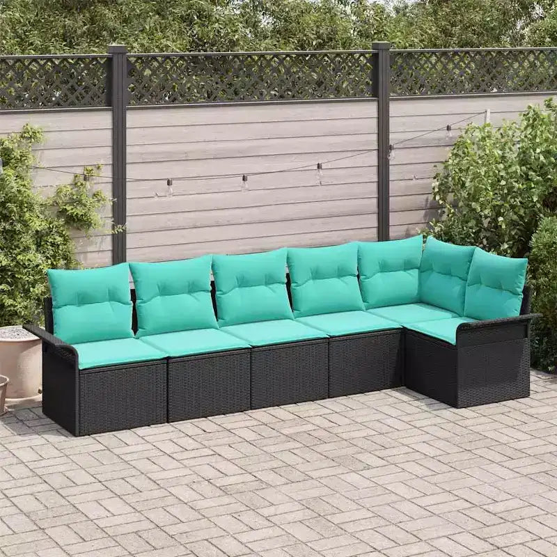 vidaXL tuinbankset met kussens, 6-delig, zwart polyrotan – zwart en turquoise, zonder tafel