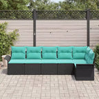 vidaXL tuinbankset met kussens, 6-delig, zwart polyrotan – zwart en turquoise, zonder tafel
