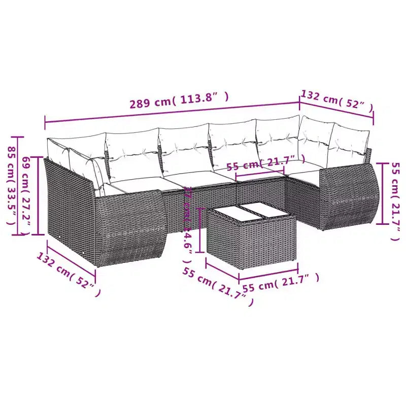 vidaXL 8 Piece Patio Sofa Set with Cushions Brown Poly Rattan - Brown and Cream