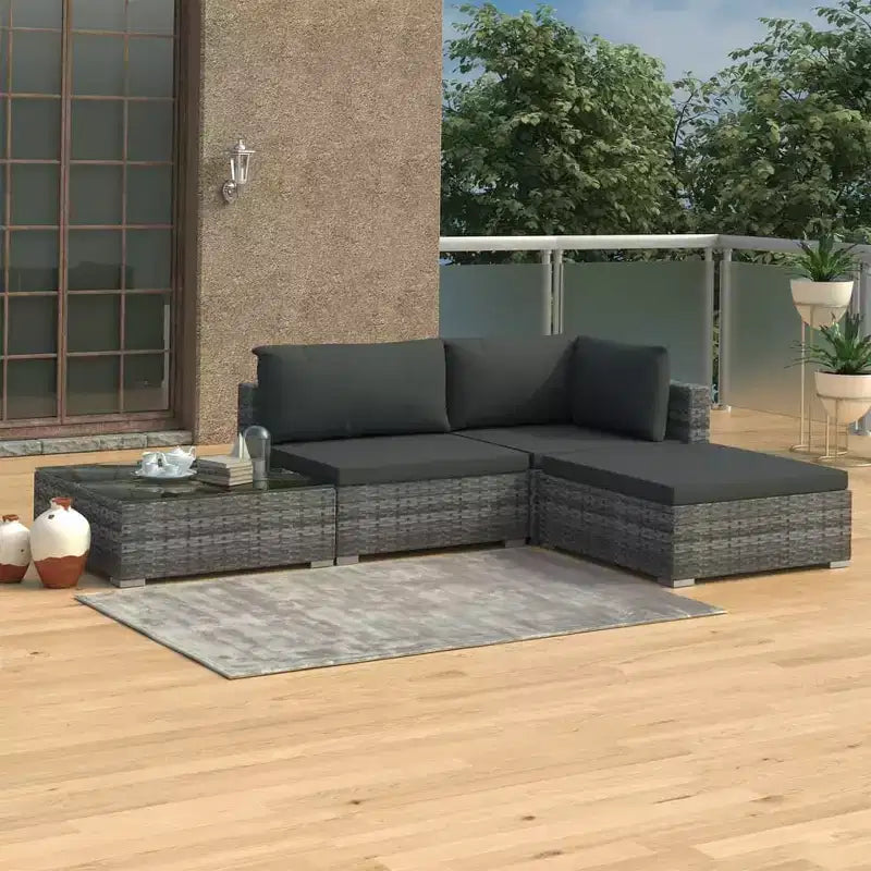 vidaXL Patio Furniture Set 4 Piece Patio Sectional Sofa with Table Poly Rattan - Gray