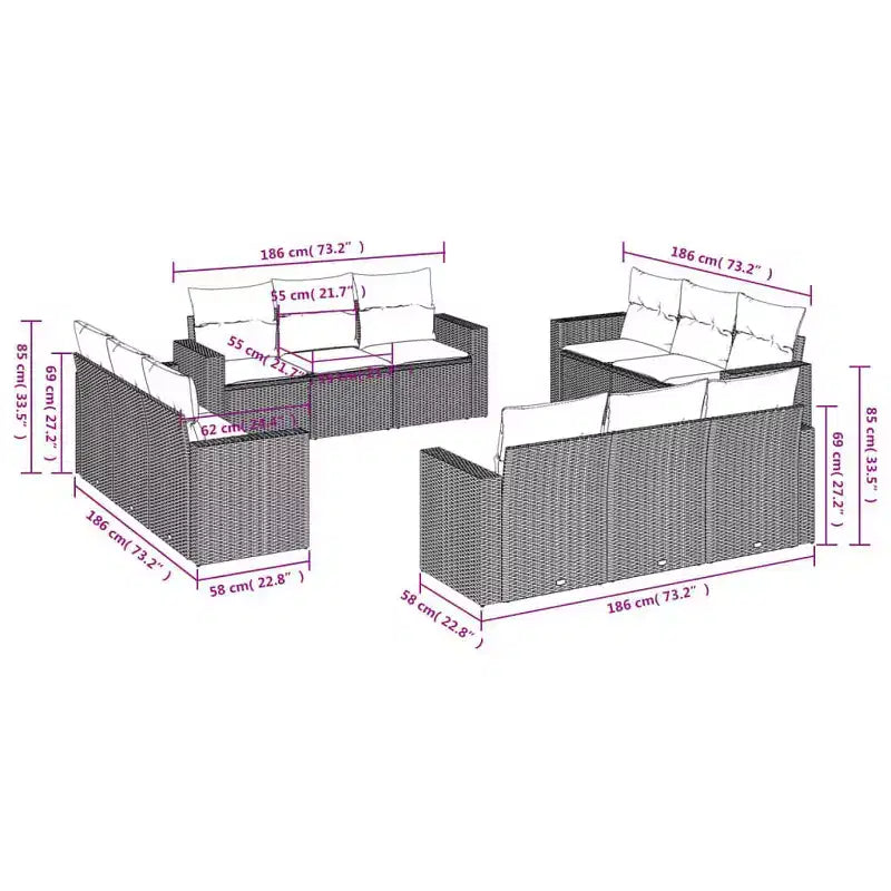 vidaXL Tuinbankstel van zwart PE-rotan, gepoedercoat staal, polyester
