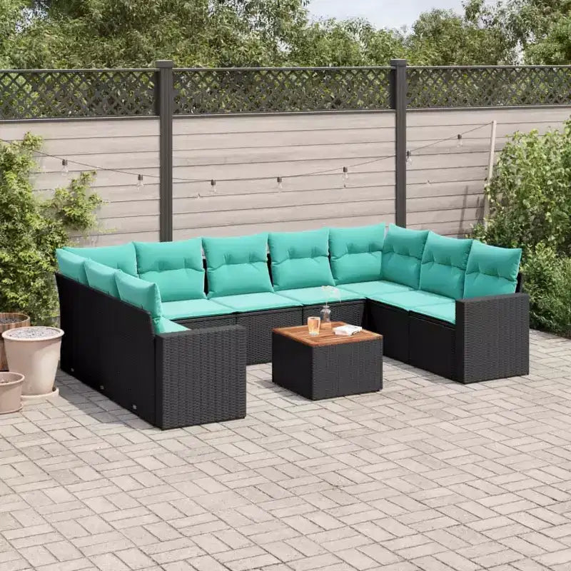 vidaXL 10-delige loungeset voor buiten met kussens, zwart polyrotan – zwart, 5x middenstuk + tafel + 2x hoekstuk