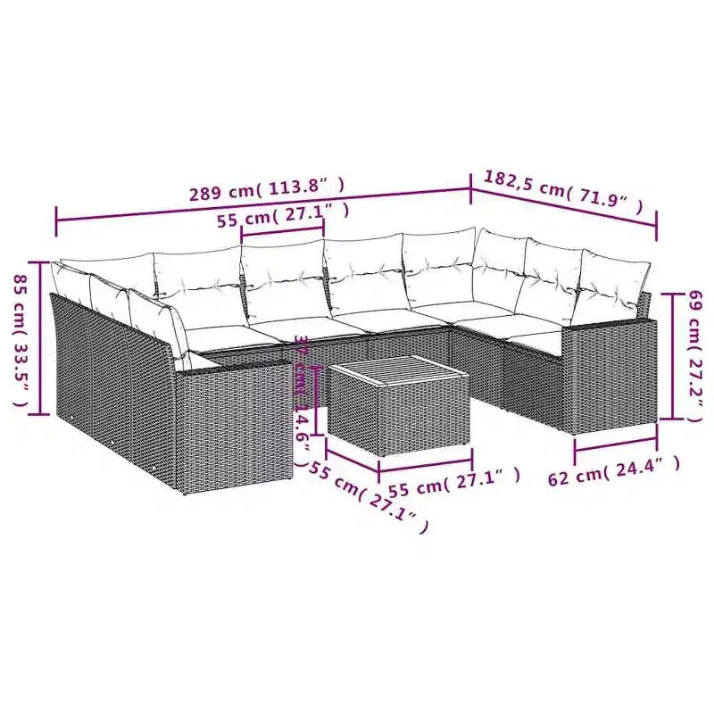vidaXL 10-delige loungeset voor buiten met kussens, zwart polyrotan – zwart, 5x middenstuk + tafel + 2x hoekstuk