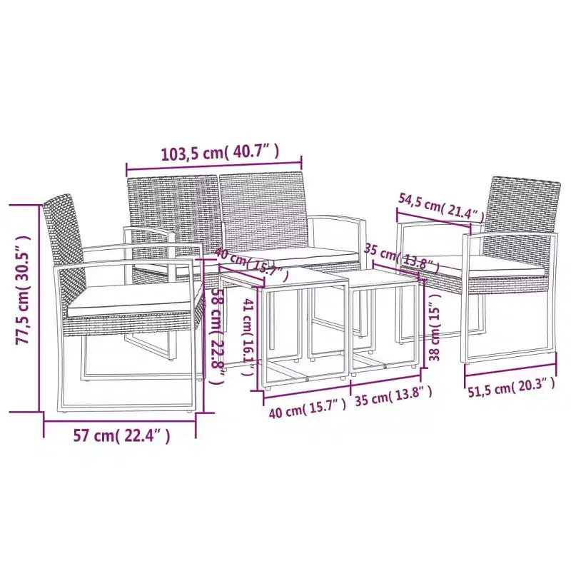 vidaXL tuinset voor de patio, 5-delige tafel- en stoelset voor buiten met kussens, PP-rattan