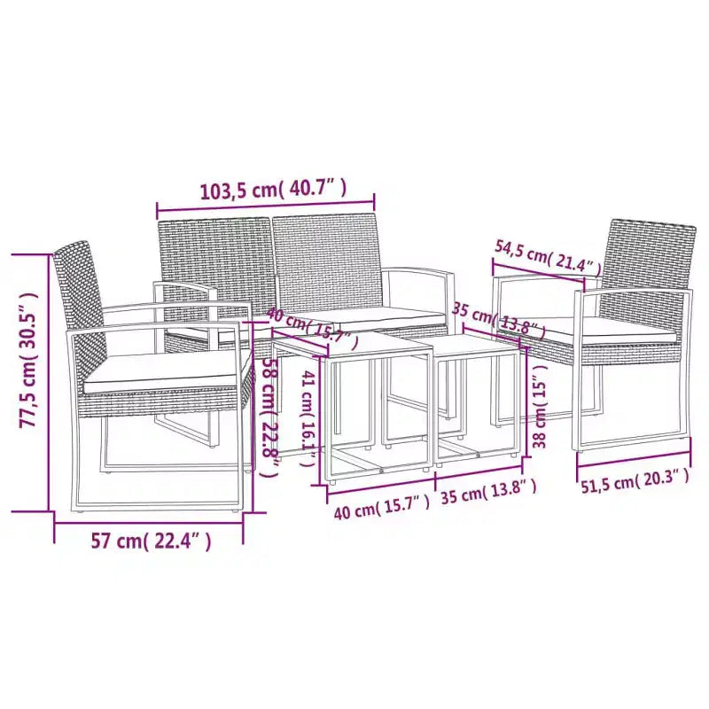 vidaXL tuinset voor de patio, 5-delige tafel- en stoelset voor buiten met kussens, PP-rattan