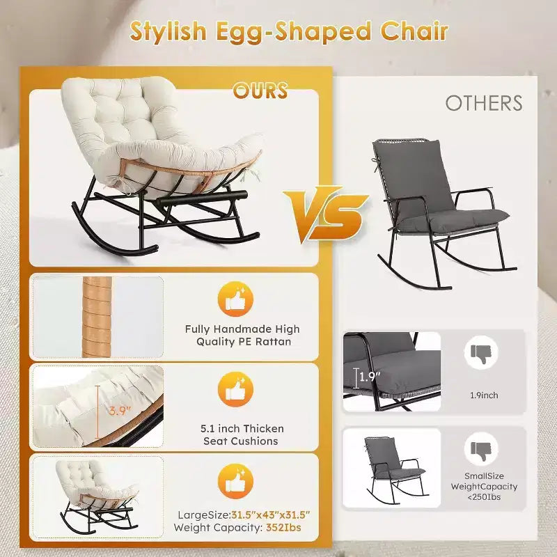 COZONY 2 Piece Papasan Rocking Chair Set, Oversized with Foot Rest Thick Removable Cushion Metal Frame PE Rattan for Patio Porch Garden Living Room