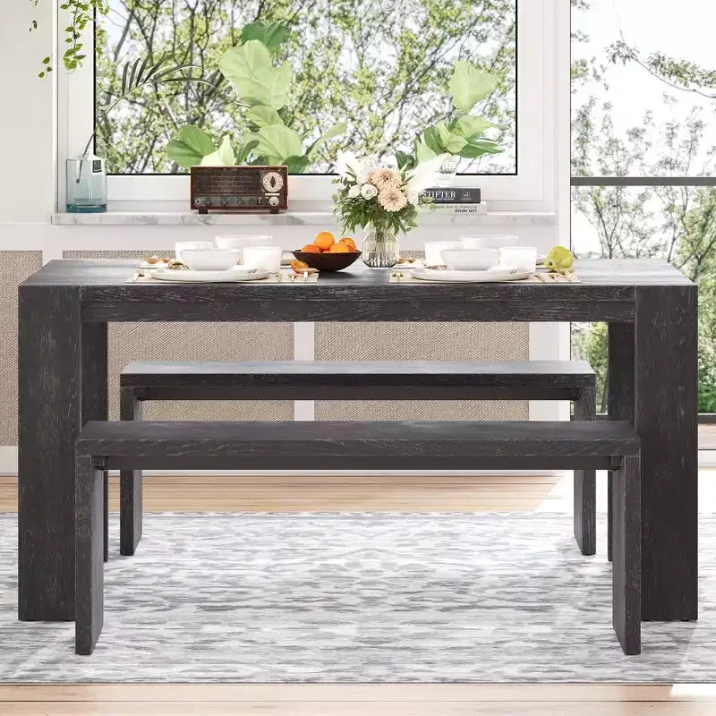 Clihome 3-piece Farmhouse Style Simple Dining Set, Dining Table and 2 Benches, for Dining Room, Kitchen and Living Room