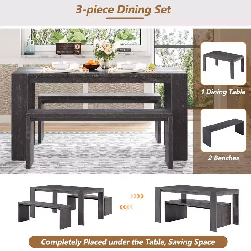 Clihome 3-piece Farmhouse Style Simple Dining Set, Dining Table and 2 Benches, for Dining Room, Kitchen and Living Room
