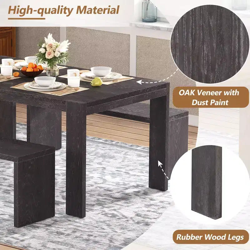 Clihome 3-piece Farmhouse Style Simple Dining Set, Dining Table and 2 Benches, for Dining Room, Kitchen and Living Room