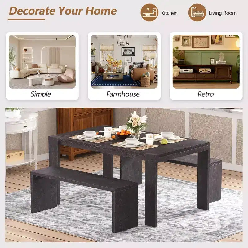 Clihome 3-piece Farmhouse Style Simple Dining Set, Dining Table and 2 Benches, for Dining Room, Kitchen and Living Room
