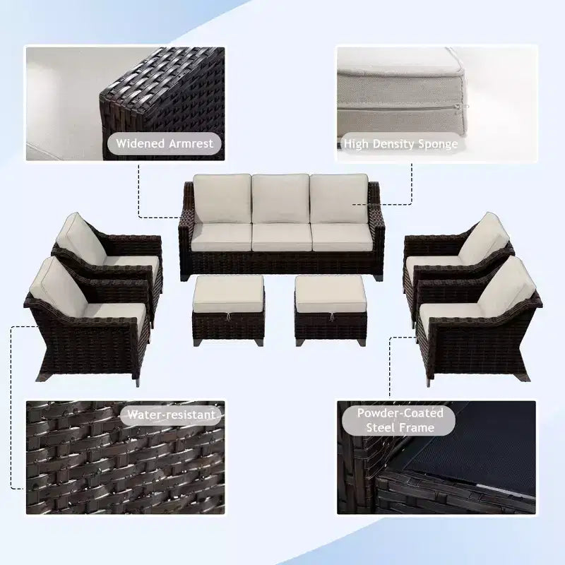 UPTIOT 6-Piece Outdoor Patio Set with Two 3-Seat Sofas, Two Chairs & Two Ottomans