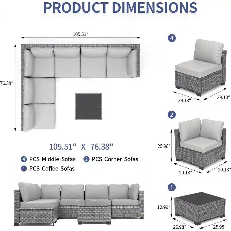 7 PCS Outdoor Patio Furniture Set, Wicker Sectional Sofa Set Rattan Modular Conversation Couch Set with Cushions for Outside, Garden, Balcony, Porch