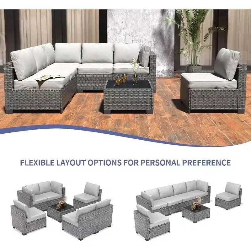 7 PCS Outdoor Patio Furniture Set, Wicker Sectional Sofa Set Rattan Modular Conversation Couch Set with Cushions for Outside, Garden, Balcony, Porch
