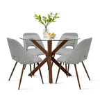 5-Piece Round Glass Dining Table Set with Upholstered Fabric Chairs, Modern Kitchen & Dining Room Furniture with Walnut Legs-Panipeachy