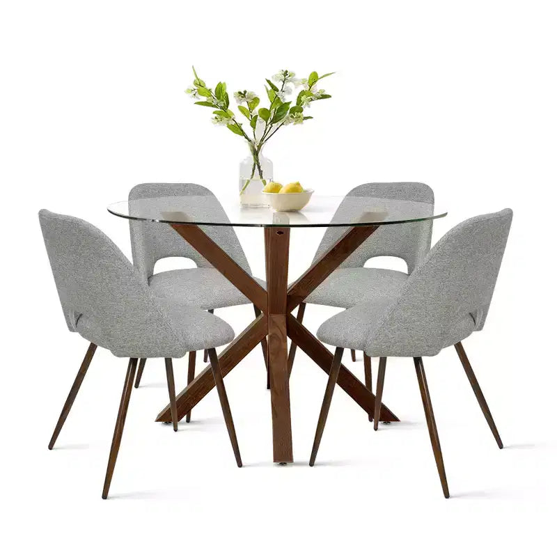 5-Piece Round Glass Dining Table Set with Upholstered Fabric Chairs, Modern Kitchen & Dining Room Furniture with Walnut Legs-Panipeachy