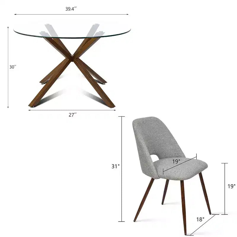 5-Piece Round Glass Dining Table Set with Upholstered Fabric Chairs, Modern Kitchen & Dining Room Furniture with Walnut Legs-Panipeachy