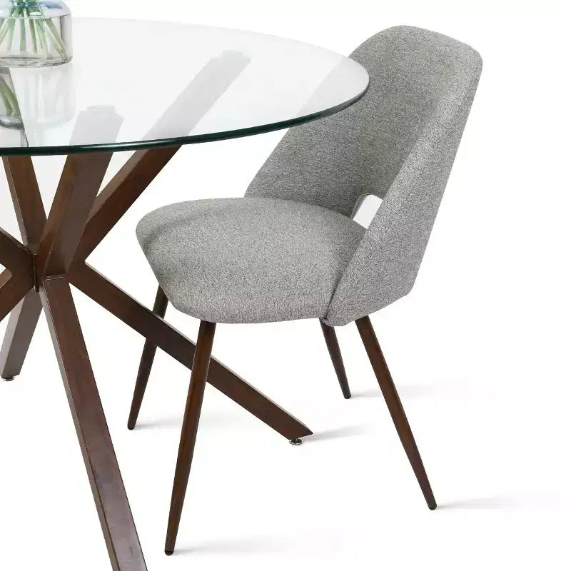 5-Piece Round Glass Dining Table Set with Upholstered Fabric Chairs, Modern Kitchen & Dining Room Furniture with Walnut Legs-Panipeachy