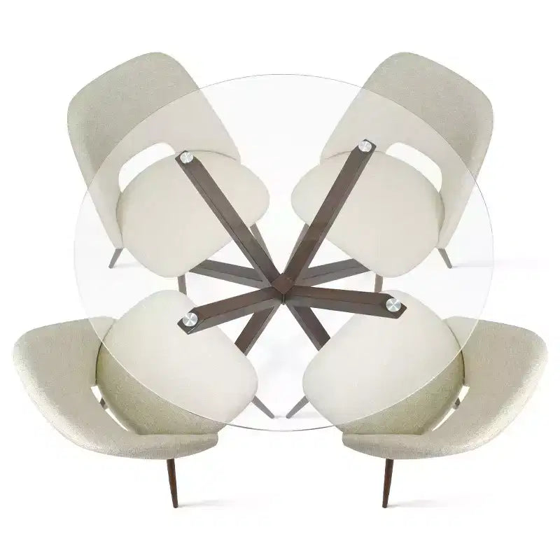 5-Piece Round Glass Dining Table Set with Upholstered Fabric Chairs, Modern Kitchen & Dining Room Furniture with Walnut Legs-Panipeachy