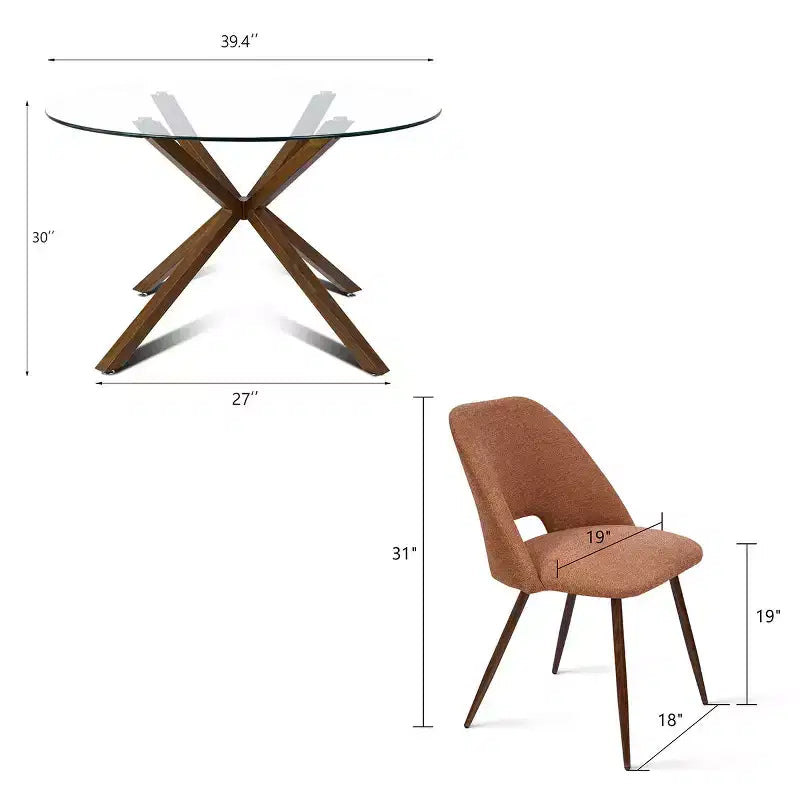 5-Piece Round Glass Dining Table Set with Upholstered Fabric Chairs, Modern Kitchen & Dining Room Furniture with Walnut Legs-Panipeachy