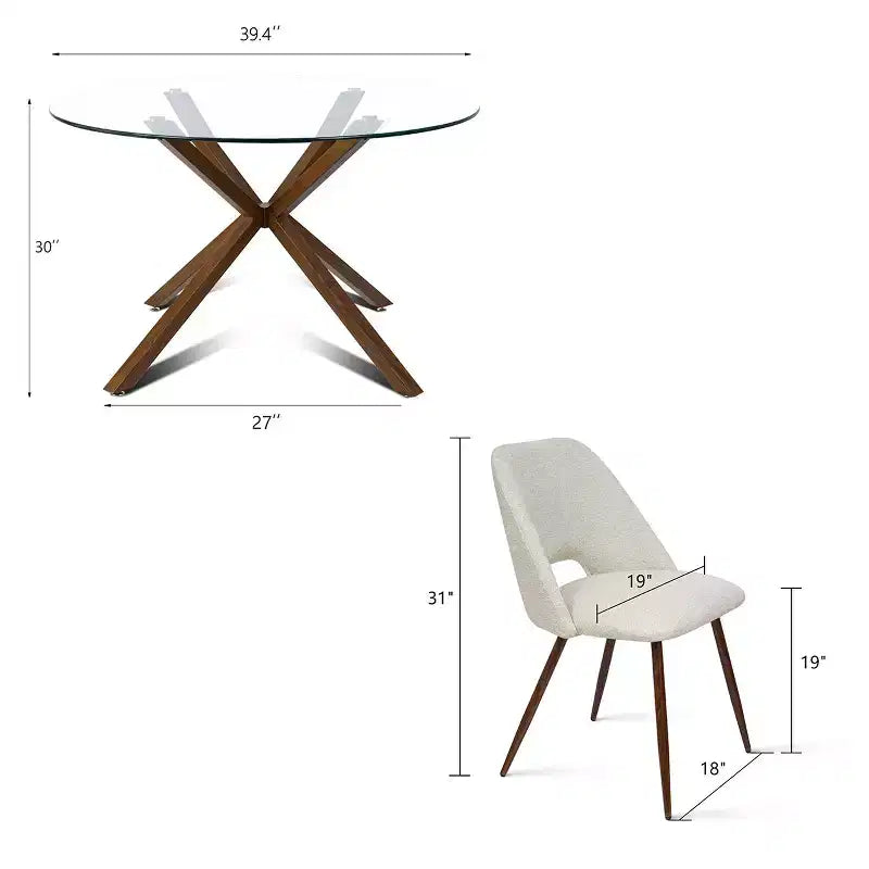 5-Piece Round Glass Dining Table Set with Upholstered Fabric Chairs, Modern Kitchen & Dining Room Furniture with Walnut Legs-Panipeachy