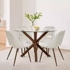 5-Piece Round Glass Dining Table Set with Upholstered Fabric Chairs, Modern Kitchen & Dining Room Furniture with Walnut Legs-Panipeachy